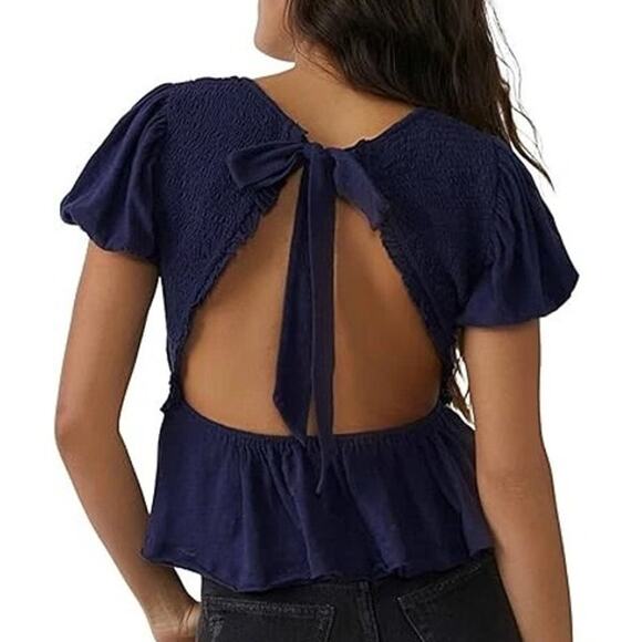 [Free People] Blue Charlotte V-Neck Smocked Open Back Top Puff Sleeves Sz Small - Picture 2 of 11